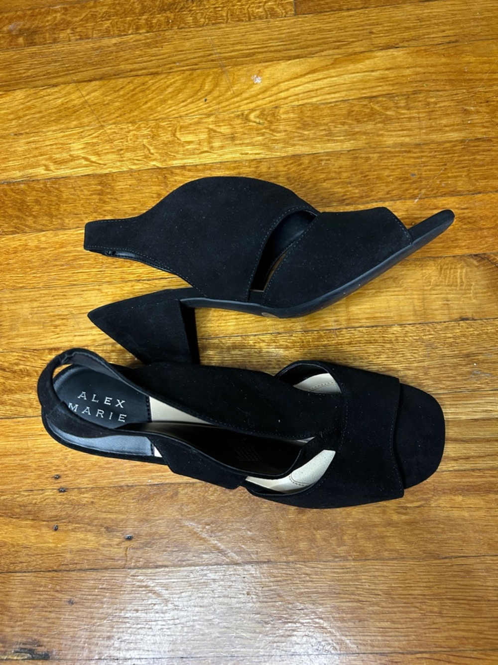 Alex Marie Black Suede Peep-Toe Slingback Block Heels